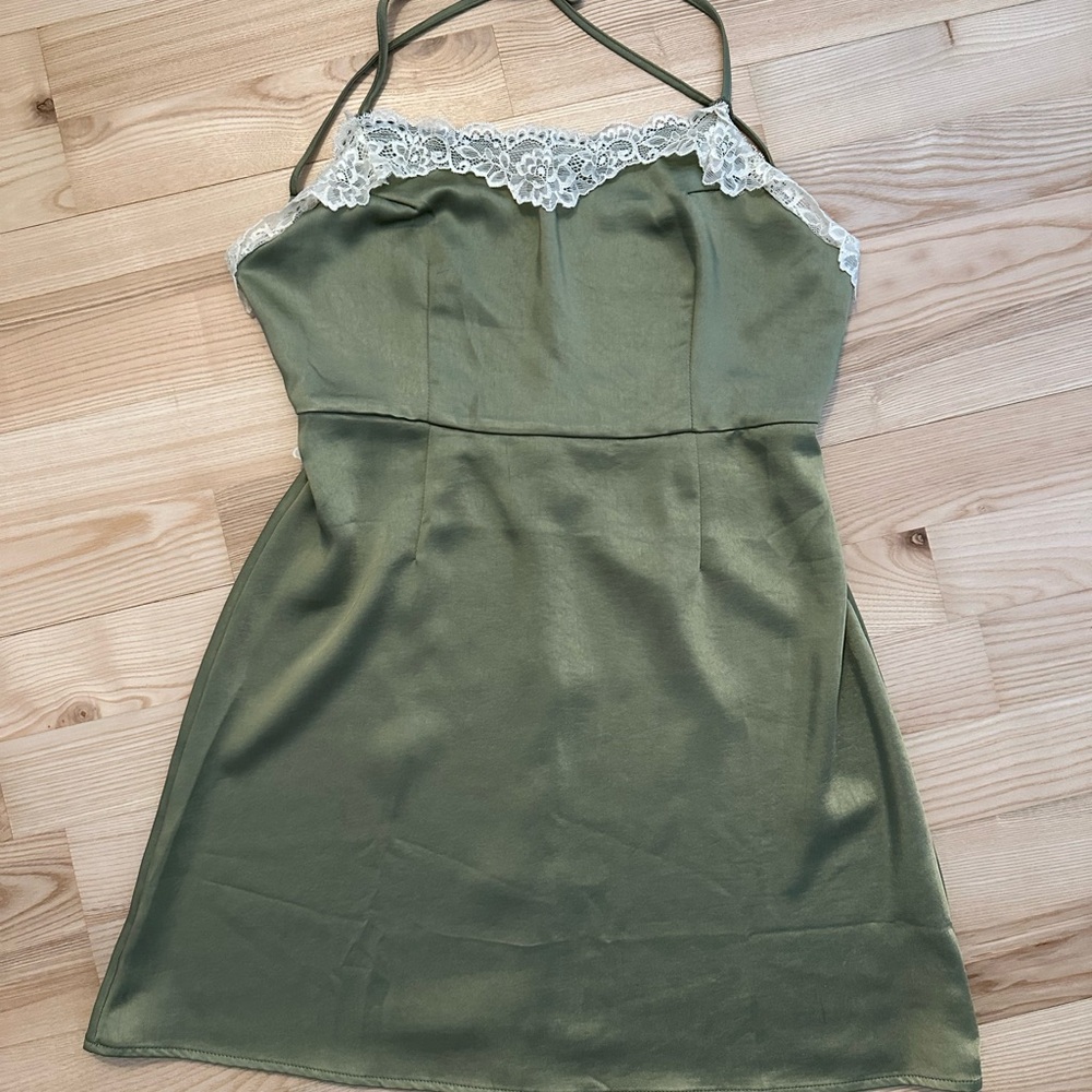 LA Hearts Olive Satin Dress with Lace Detail